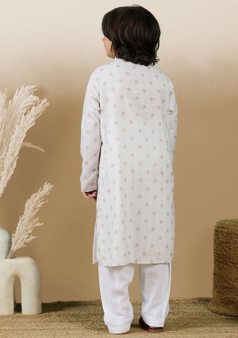 Beige Printed Cotton Kurta Set For Boy - Indya