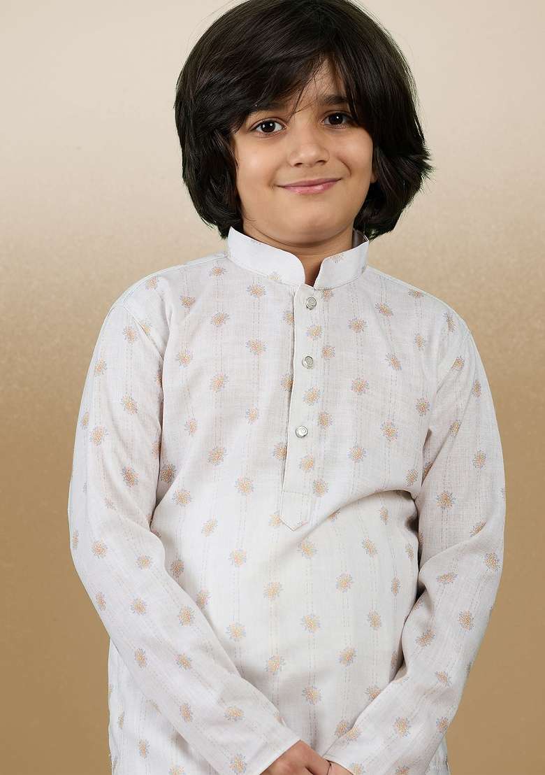 Beige Printed Cotton Kurta Set For Boy - Indya