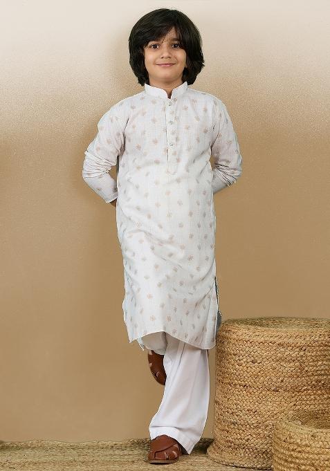 Beige Printed Cotton Kurta Set For Boy