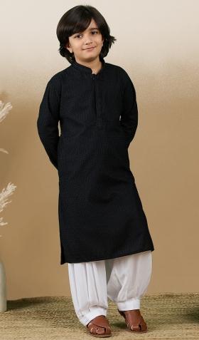 Black Chikan Embroided Cotton Kurta Set For Boy