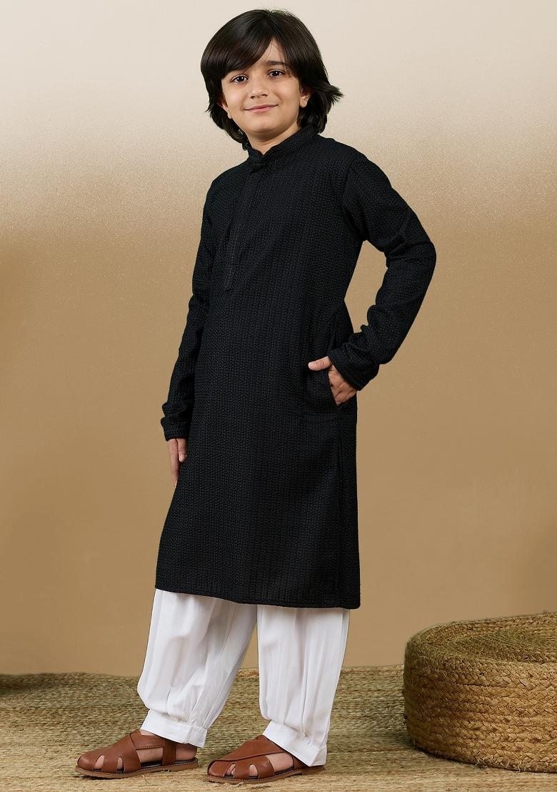 Black Chikan Embroided Cotton Kurta Set For Boy