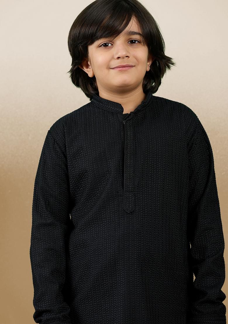 Black Chikan Embroided Cotton Kurta Set For Boy