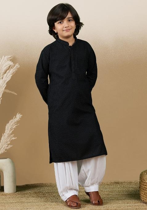 Black Chikan Embroided Cotton Kurta Set For Boy