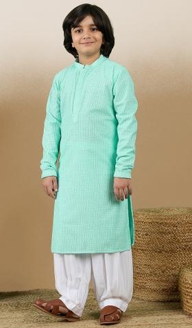 Sea Green Chikan Embroided Cotton Kurta Set For Boy
