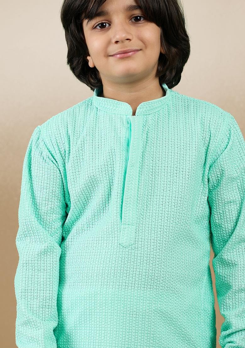 Sea Green Chikan Embroided Cotton Kurta Set For Boy