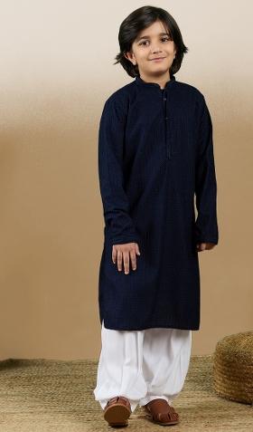 Deep Blue Chikan Embroided Cotton Kurta Set For Boy