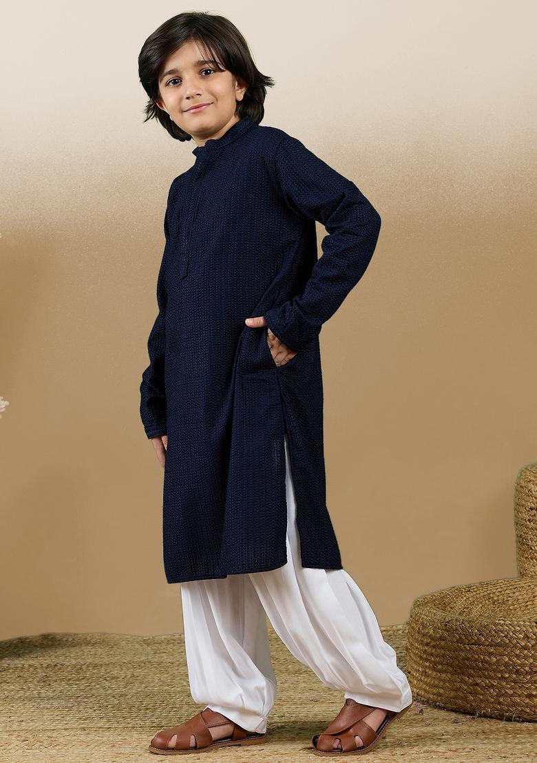 Deep Blue Chikan Embroided Cotton Kurta Set For Boy