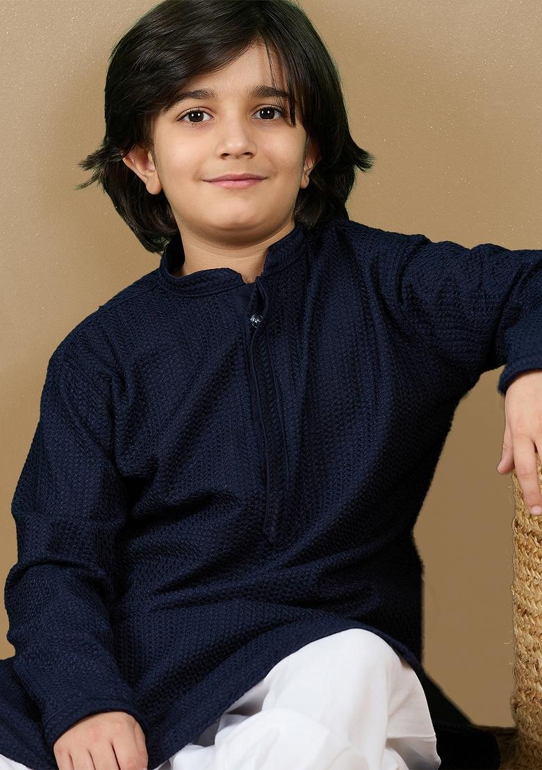 Deep Blue Chikan Embroided Cotton Kurta Set For Boy