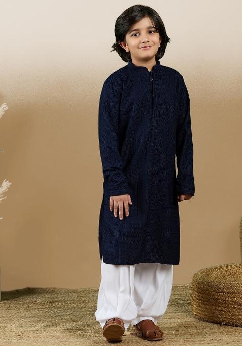 Deep Blue Chikan Embroided Cotton Kurta Set For Boy