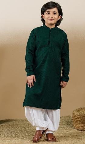 Deep Green Chikan Embroided Cotton Kurta Set For Boy