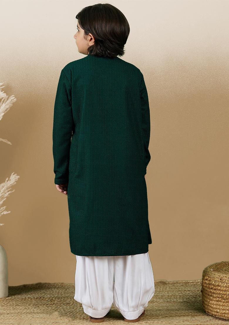 Deep Green Chikan Embroided Cotton Kurta Set For Boy