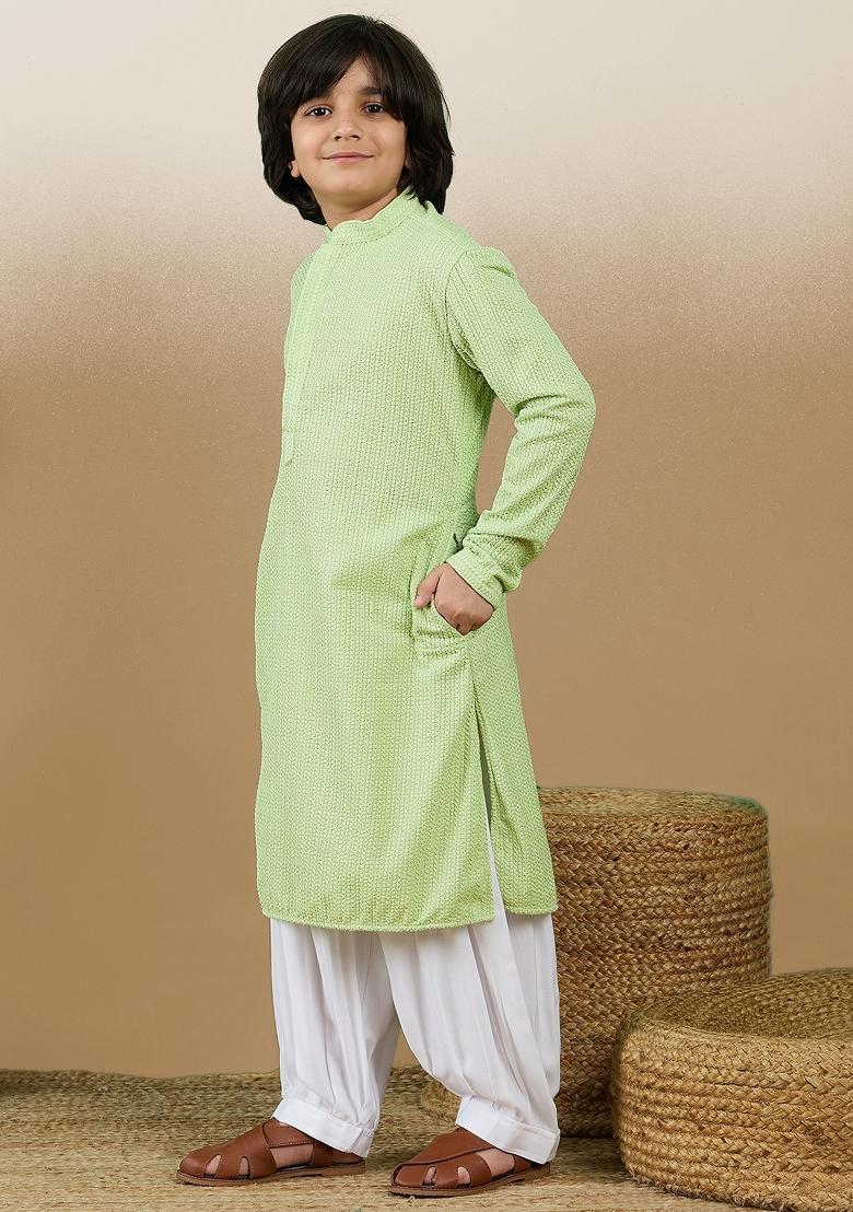 Light Green Chikan Embroided Cotton Kurta Set For Boy