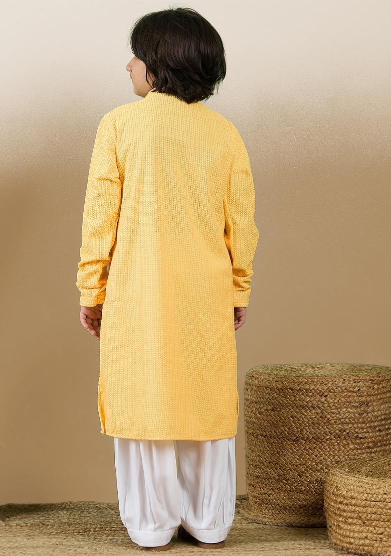 Light Yellow Chikan Embroided Cotton Kurta Set For Boy