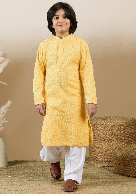 Light Yellow Chikan Embroided Cotton Kurta Set For Boy