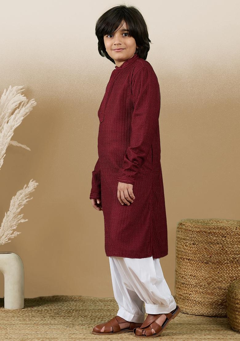 Maroon Chikan Embroided Cotton Kurta Set For Boy