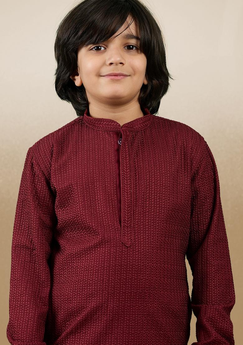 Maroon Chikan Embroided Cotton Kurta Set For Boy