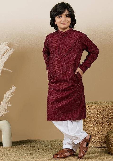 Maroon Chikan Embroided Cotton Kurta Set For Boy