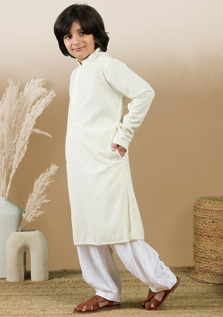 Off White Chikan Embroided Cotton Kurta Set For Boy
