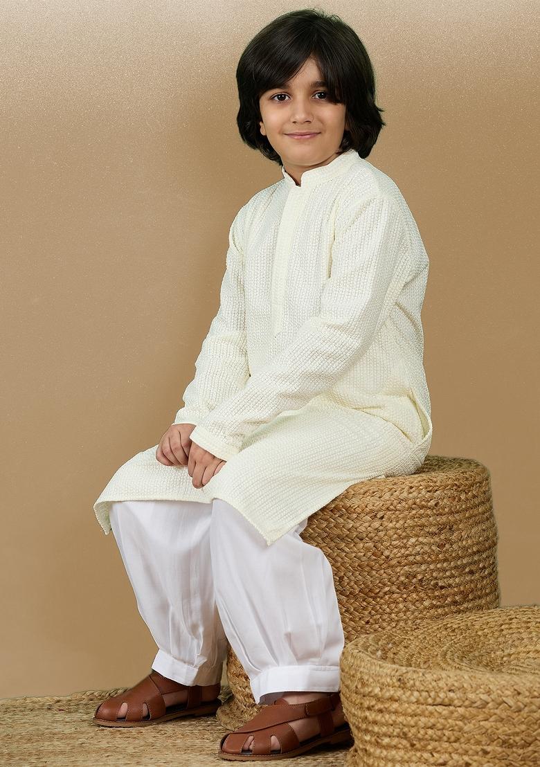 Off White Chikan Embroided Cotton Kurta Set For Boy