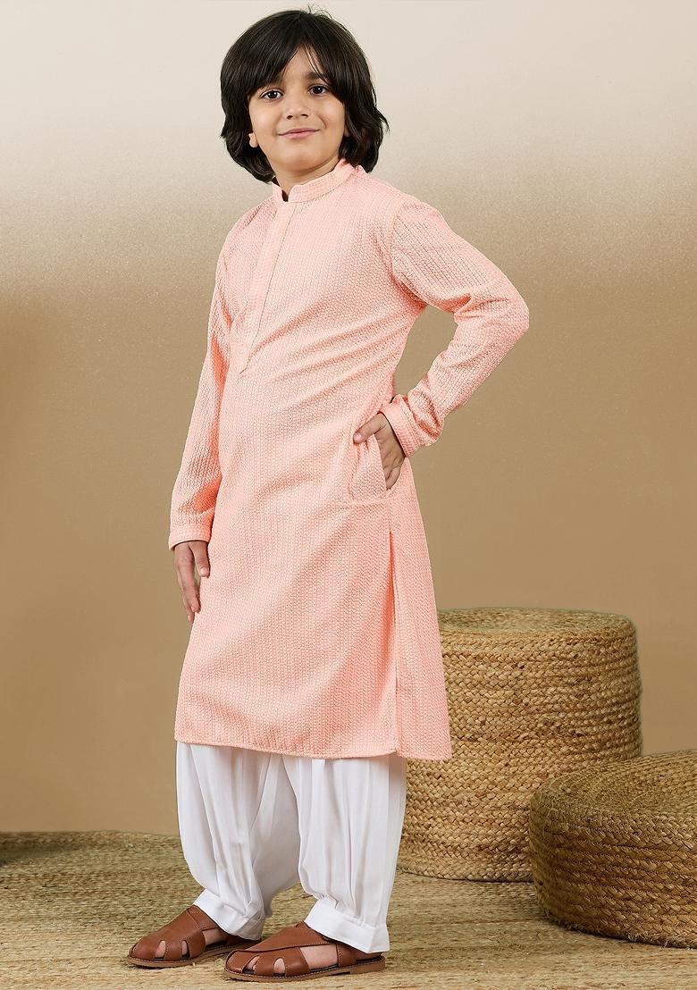 Pink Chikan Embroided Cotton Kurta Set For Boy