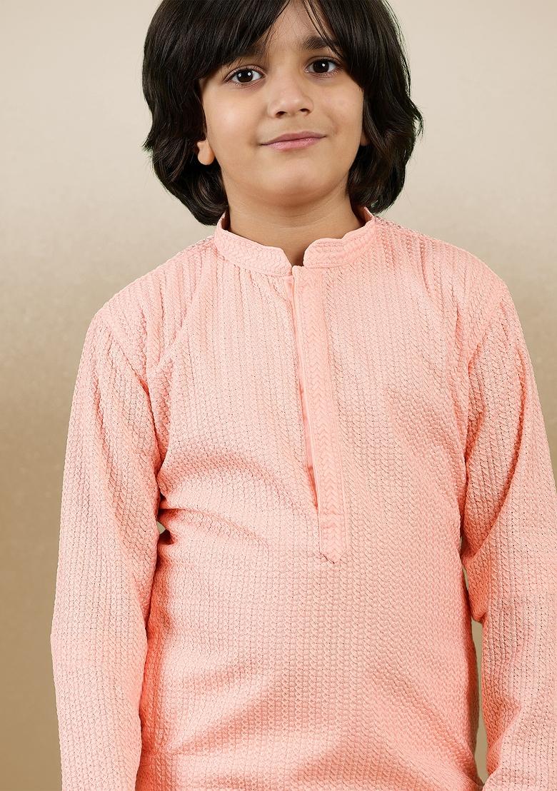 Pink Chikan Embroided Cotton Kurta Set For Boy
