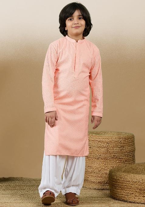 Pink Chikan Embroided Cotton Kurta Set For Boy