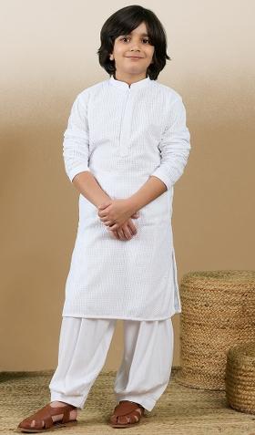 White Chikan Embroided Cotton Kurta Set For Boy
