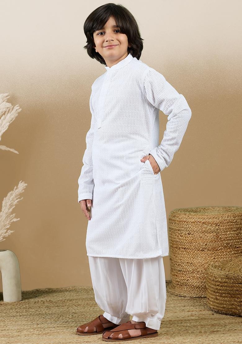 White Chikan Embroided Cotton Kurta Set For Boy