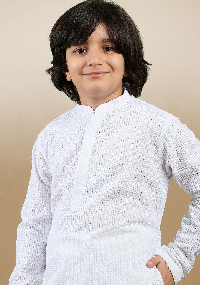 White Chikan Embroided Cotton Kurta Set For Boy