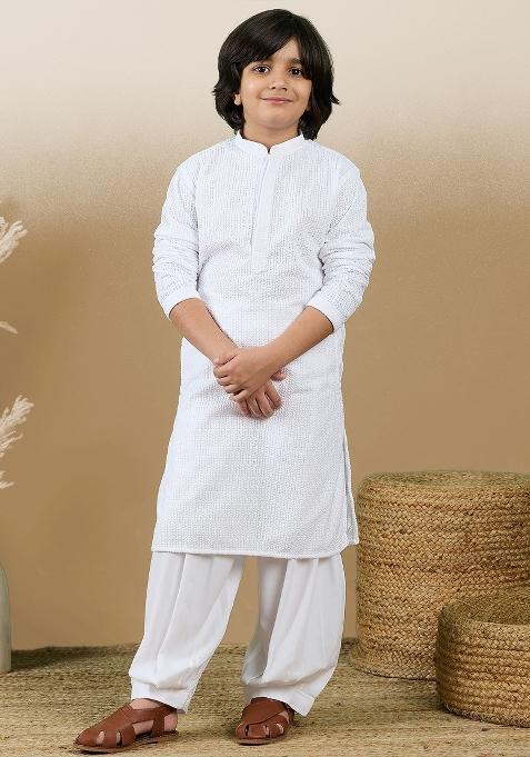 White Chikan Embroided Cotton Kurta Set For Boy