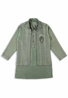 Green Embroidered Art Silk Nehru Jacket Set For Boy