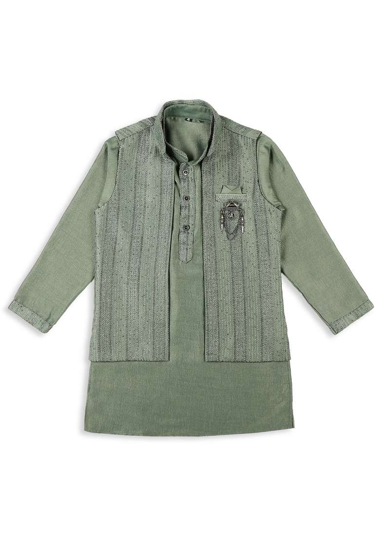 Green Embroidered Art Silk Nehru Jacket Set For Boy - Indya