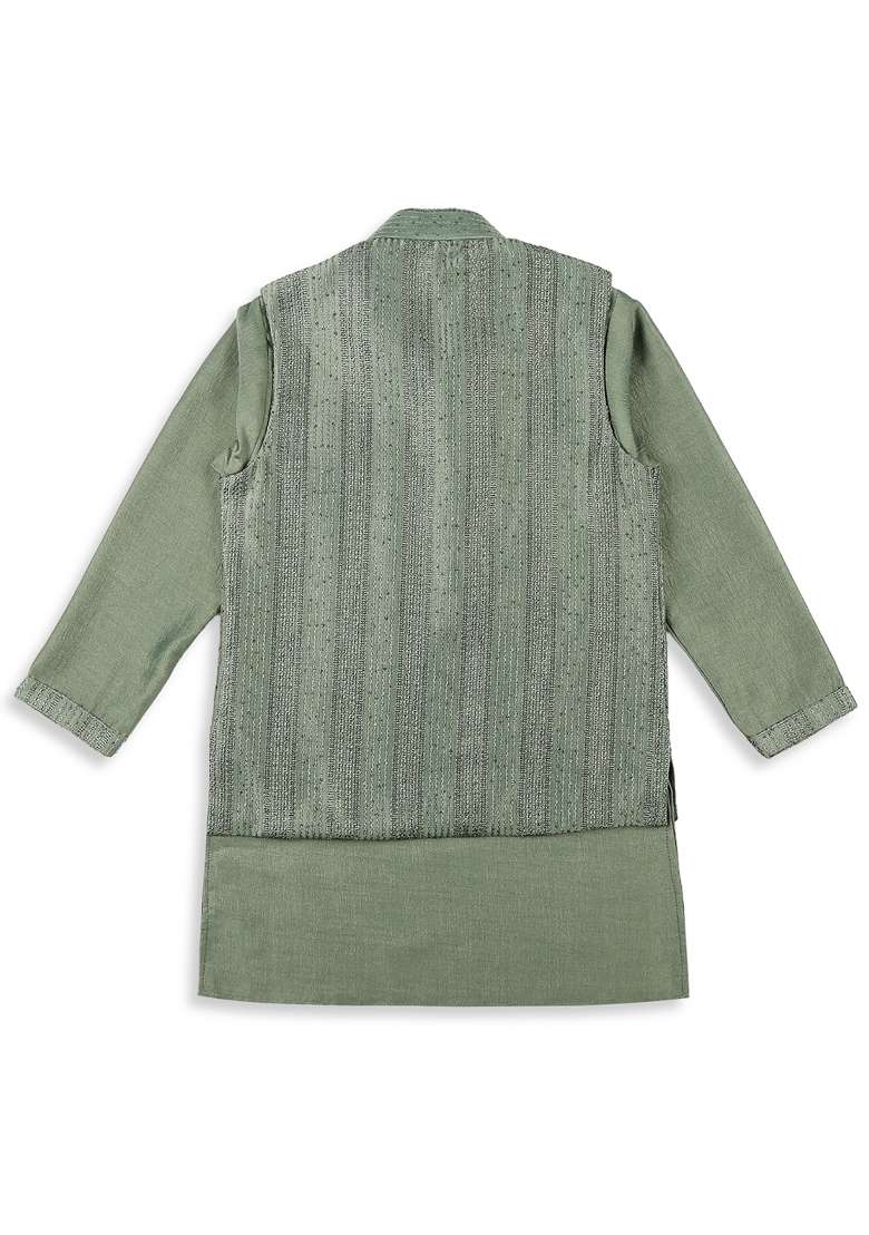 Green Embroidered Art Silk Nehru Jacket Set For Boy - Indya