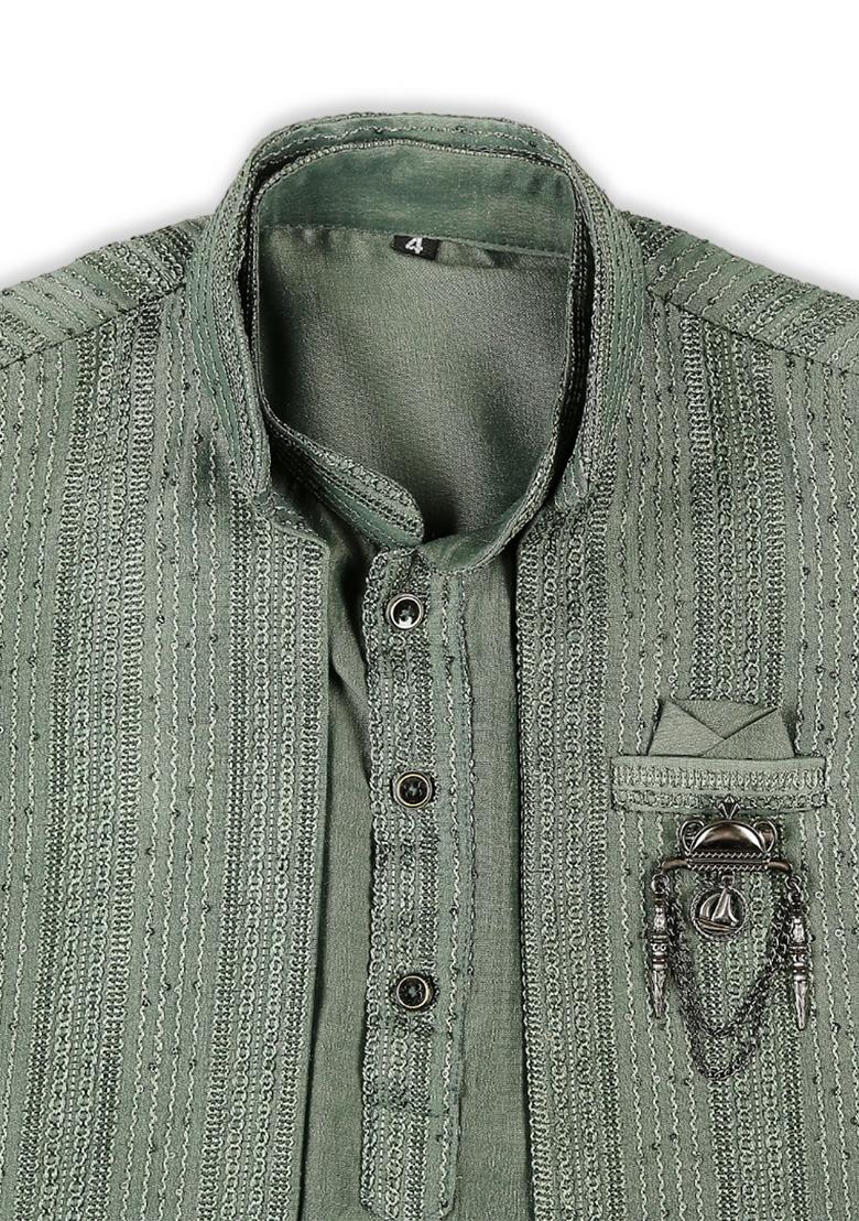 Green Embroidered Art Silk Nehru Jacket Set For Boy