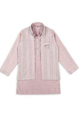 Pink Embroidered Art Silk Nehru Jacket Set For Boy