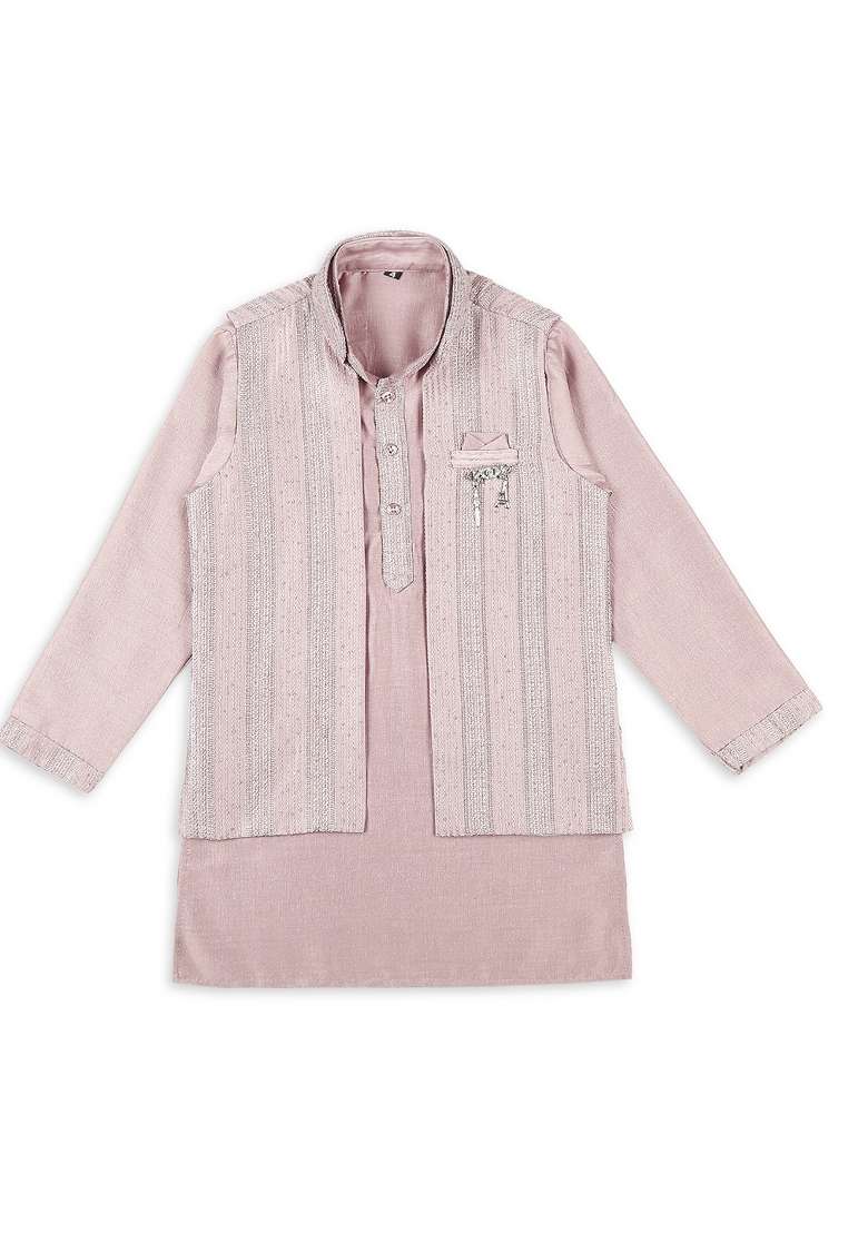 Pink Embroidered Art Silk Nehru Jacket Set For Boy - Indya