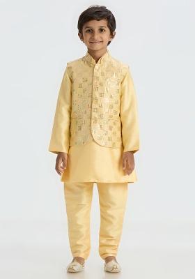 Golden Embroidered Art Silk Nehru Jacket Set For Boy