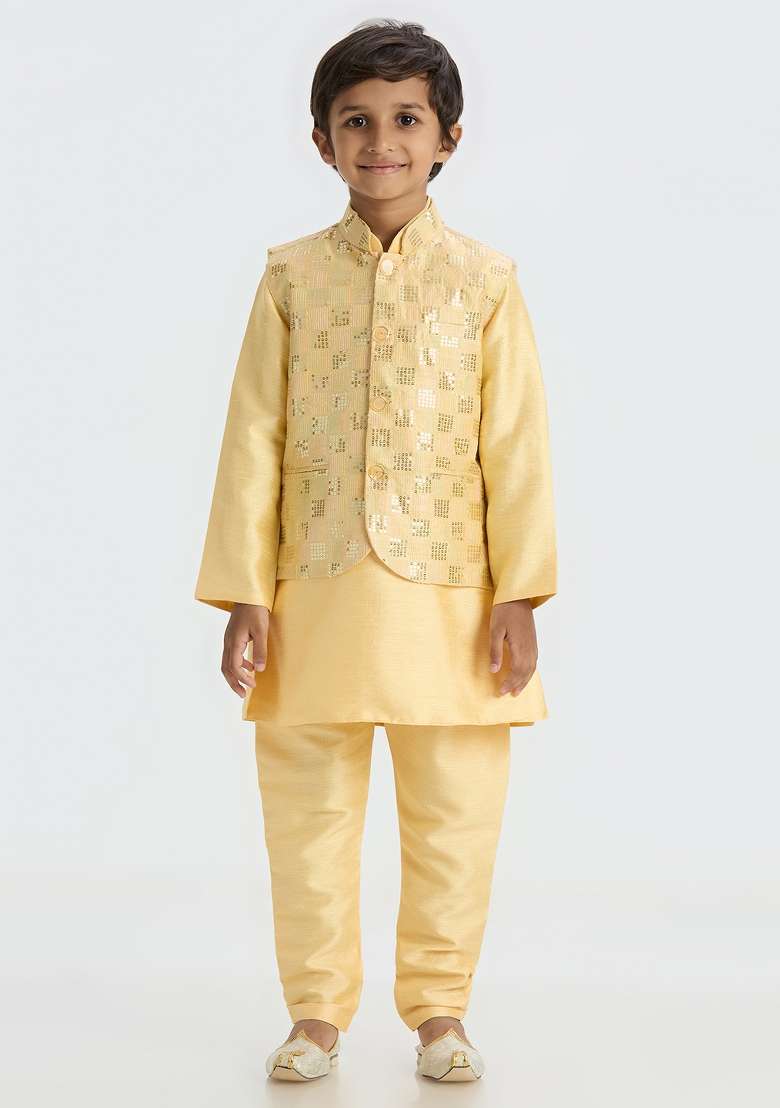 Golden Embroidered Art Silk Nehru Jacket Set For Boy - Indya