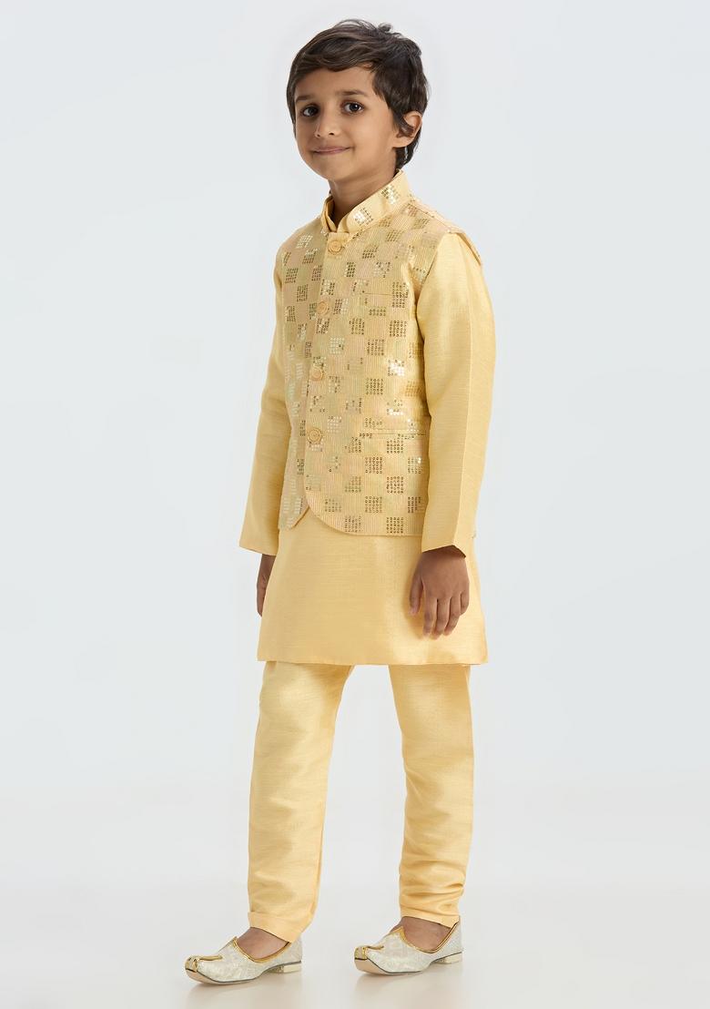 Golden Embroidered Art Silk Nehru Jacket Set For Boy