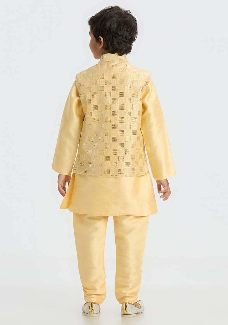 Golden Embroidered Art Silk Nehru Jacket Set For Boy - Indya