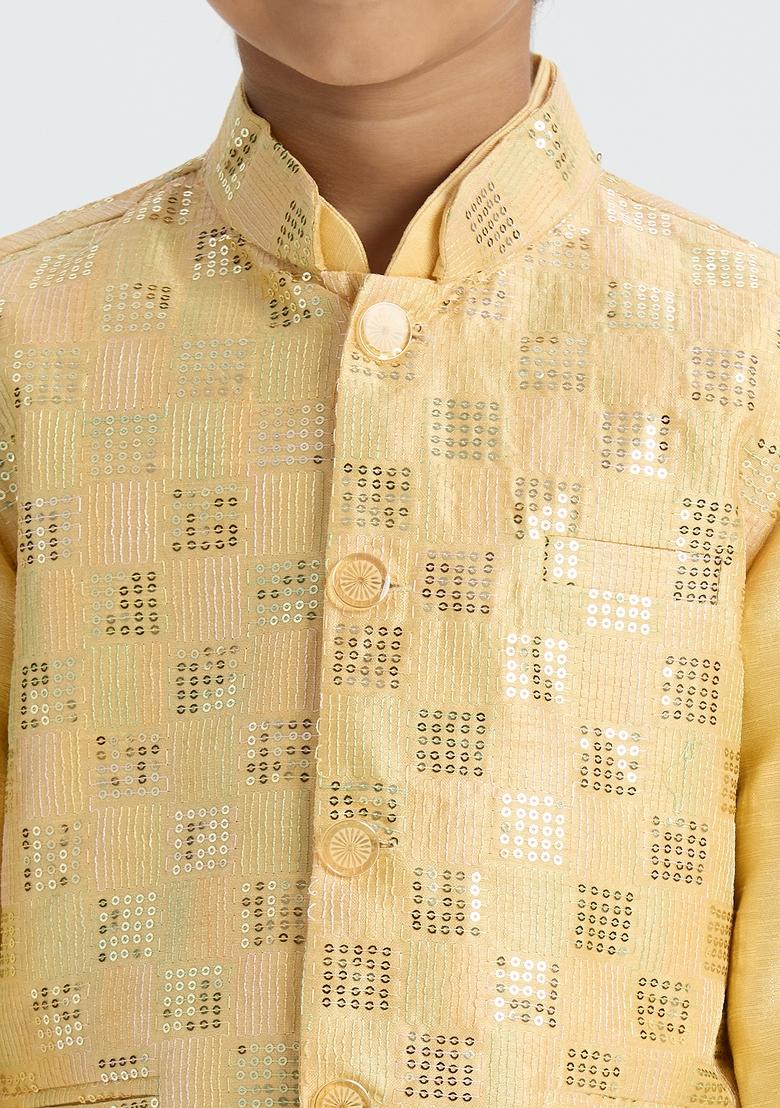 Golden Embroidered Art Silk Nehru Jacket Set For Boy