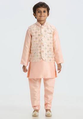 Peach Embroidered Art Silk Nehru Jacket Set For Boy