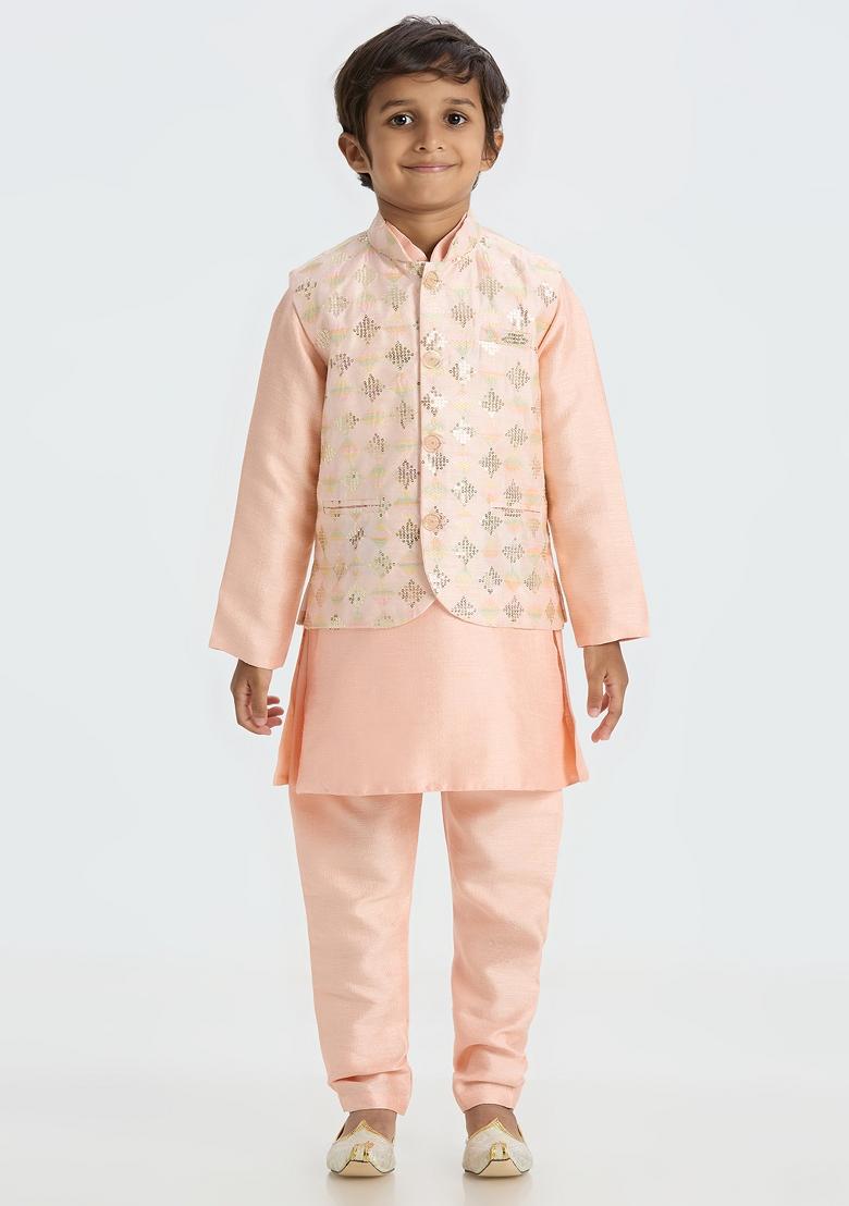 Peach Embroidered Art Silk Nehru Jacket Set For Boy