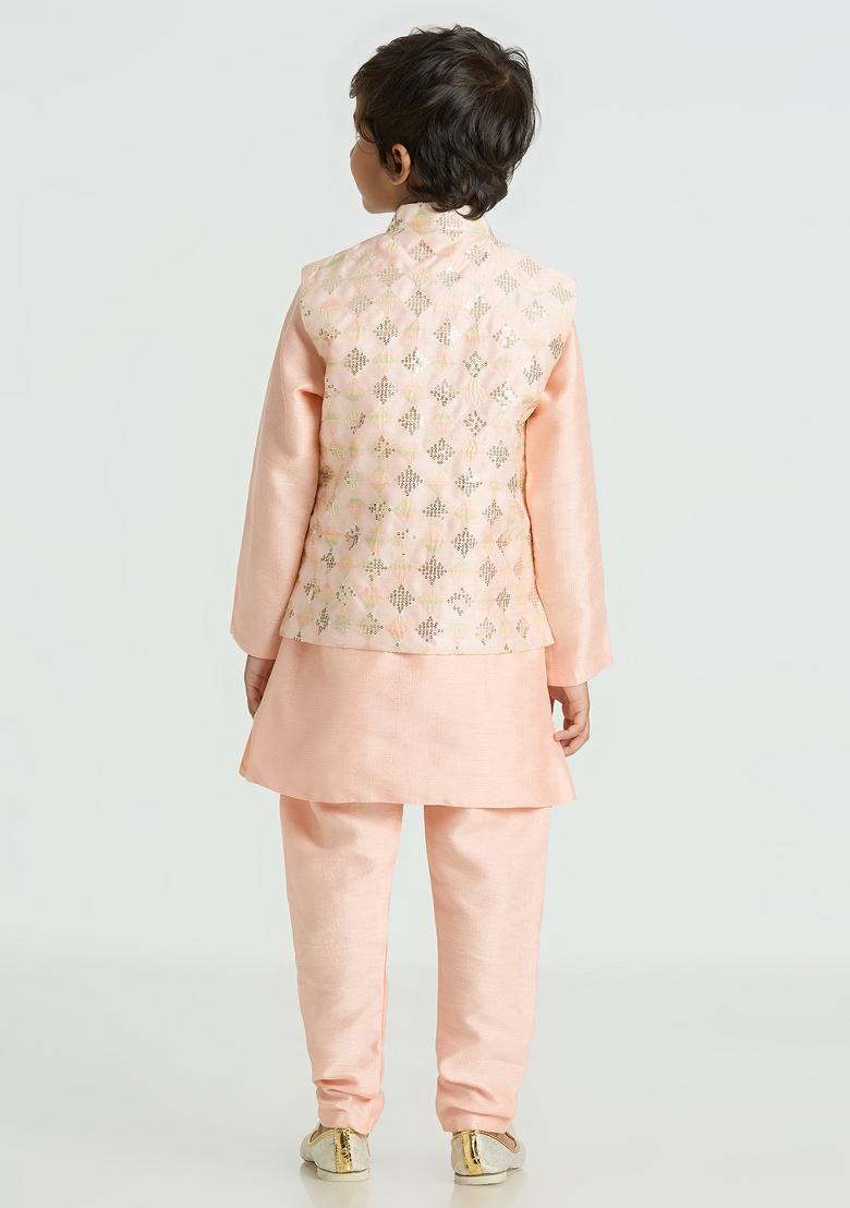 Peach Embroidered Art Silk Nehru Jacket Set For Boy