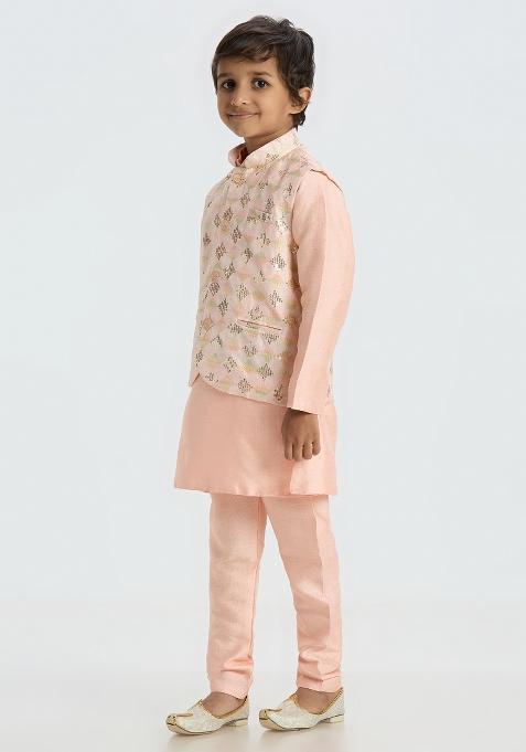 Peach Embroidered Art Silk Nehru Jacket Set For Boy