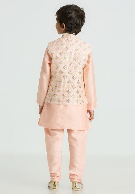 Peach Embroidered Art Silk Nehru Jacket Set For Boy
