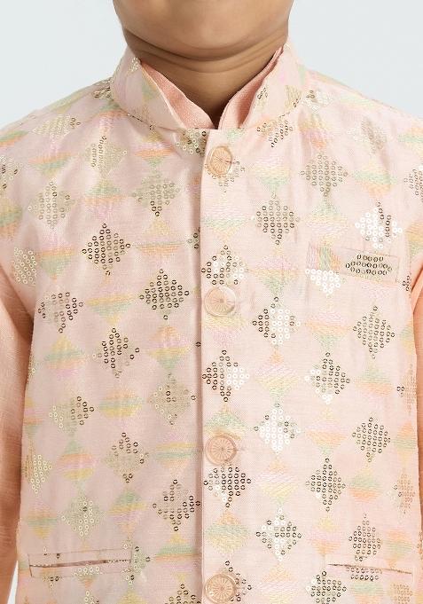 Peach Embroidered Art Silk Nehru Jacket Set For Boy