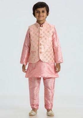 Pink Embroidered Art Silk Nehru Jacket Set For Boy