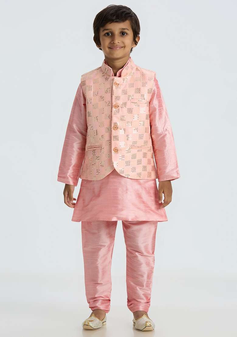 Pink Embroidered Art Silk Nehru Jacket Set For Boy - Indya