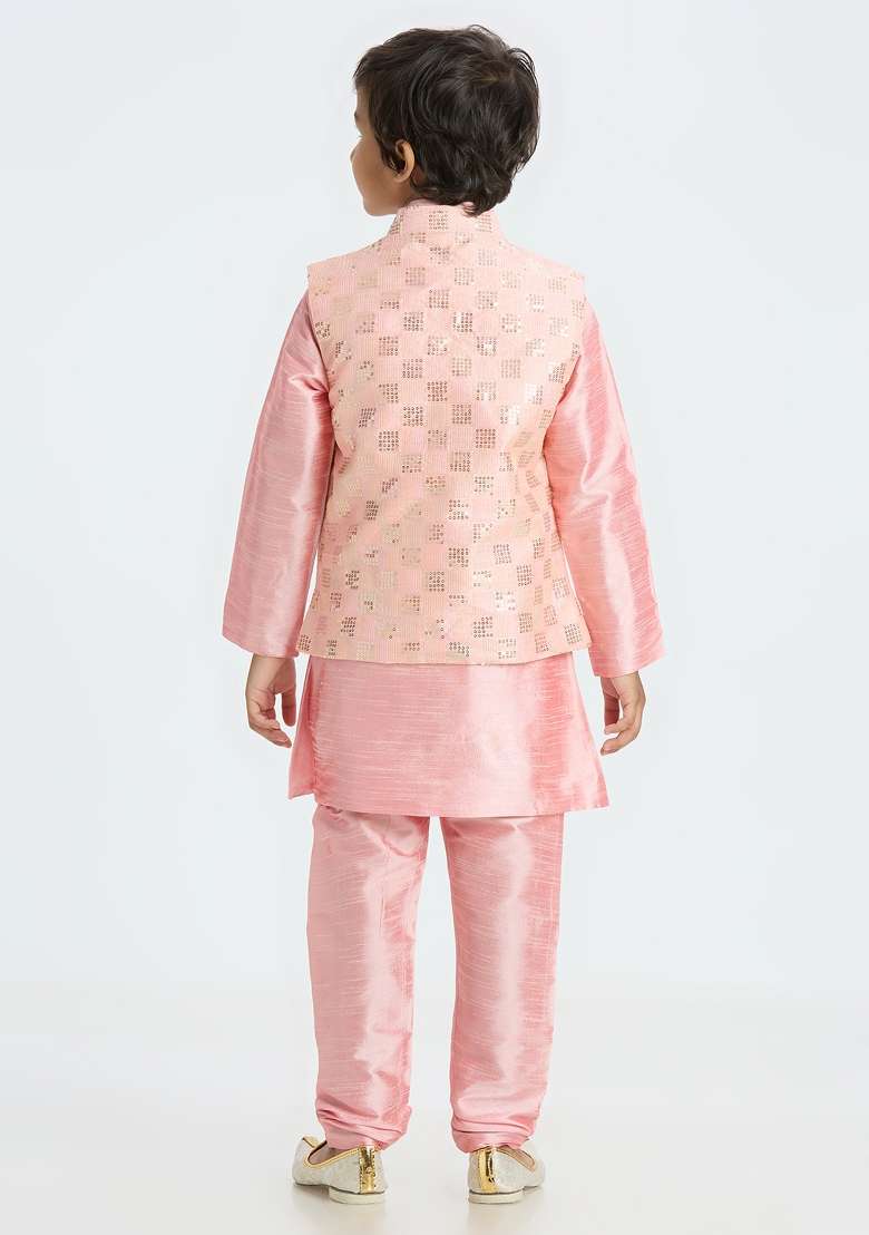 Pink Embroidered Art Silk Nehru Jacket Set For Boy - Indya